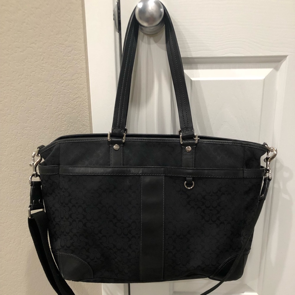 Monogrammed black Coach 2-way tote bag